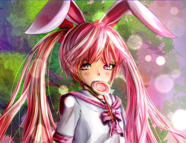 Anime picture 1093x841 with original kimik-a kitsune yin single long hair looking at viewer blush twintails animal ears pink hair pink eyes bunny ears girl food sweets candy lollipop