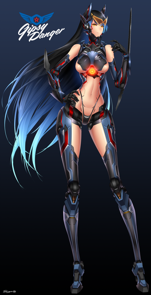 Anime picture 615x1200 with pacific rim gipsy danger sigma99 single long hair tall image breasts light erotic simple background yellow eyes multicolored hair two-tone hair midriff mechanical girl gloves navel weapon elbow gloves