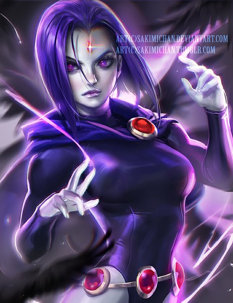 Anime picture 695x900 with teen titans raven (teen titans) sakimichan single tall image looking at viewer short hair breasts large breasts standing purple eyes purple hair realistic lipstick magic watermark pale skin girl bodysuit