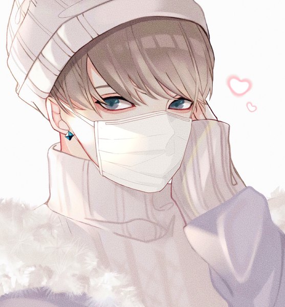 Anime picture 1113x1200 with original seniori single tall image looking at viewer short hair brown hair upper body grey eyes boy heart turtleneck cap surgical mask