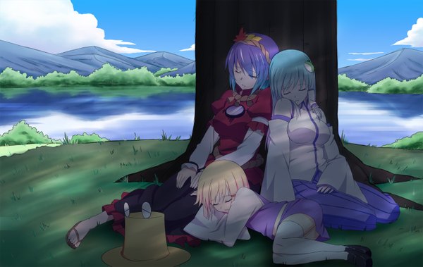 Anime picture 1440x911 with touhou kochiya sanae moriya suwako yasaka kanako h-new long hair short hair blonde hair multiple girls blue hair eyes closed green hair mountain sleeping lake girl thighhighs skirt hat detached sleeves