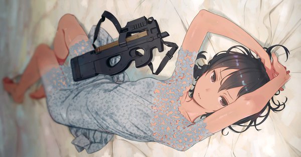 Anime picture 1707x896 with sword art online sword art online alternative: gun gale online a-1 pictures kohiruimaki karen kuroboshi kouhaku single looking at viewer fringe highres short hair black hair hair between eyes wide image brown eyes full body bent knee (knees) lying braid (braids) barefoot blurry