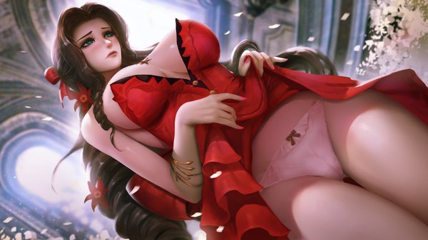 Anime picture 5476x3080 with final fantasy final fantasy vii final fantasy vii remake square enix aerith gainsborough turewindwalker single long hair blush highres breasts light erotic brown hair wide image large breasts standing green eyes looking away absurdres nail polish