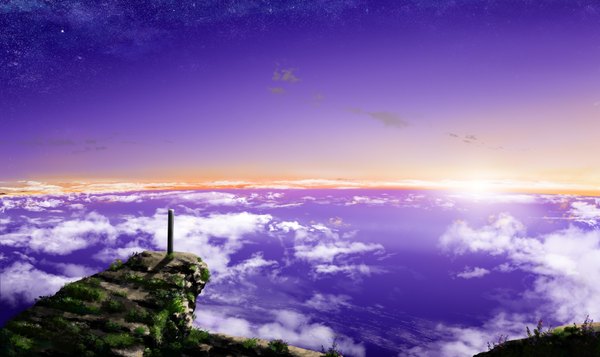 Anime picture 3508x2092 with original tokuninashi (uorat) highres wide image absurdres sky cloud (clouds) outdoors sunlight night sky horizon no people landscape scenic morning sunrise panorama plant (plants) sea star (stars)