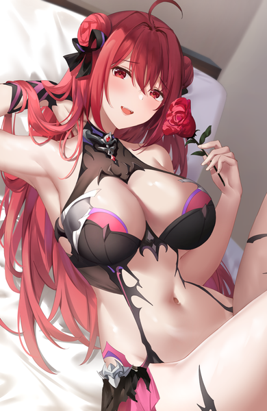 Anime picture 1625x2500 with king's raid erze (king's raid) suzuame yatsumi single long hair tall image looking at viewer blush fringe breasts open mouth light erotic smile hair between eyes red eyes large breasts bare shoulders holding payot cleavage