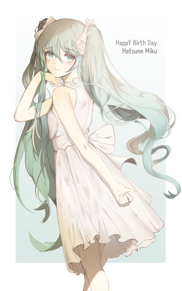 Anime picture 1500x2400 with vocaloid hatsune miku cizzi single long hair tall image looking at viewer blush fringe simple background smile hair between eyes standing twintails bare shoulders green eyes looking back arm up green hair grey background