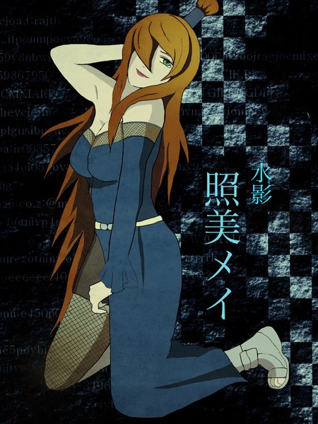 Anime picture 1536x2048 with naruto studio pierrot naruto (series) mei terumi (mizukage) single long hair tall image looking at viewer fringe smile brown hair bare shoulders green eyes hair over one eye inscription checkered background girl