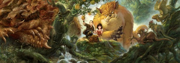 Anime picture 1511x531 with original eastmonkey short hair brown hair wide image holding hands river girl boy plant (plants) animal tree (trees) water fruit forest dragon claws griffin