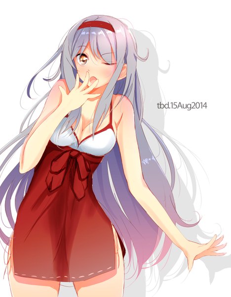 Anime picture 2339x3000 with kantai collection shoukaku aircraft carrier tebi (tbd11) single long hair tall image looking at viewer blush highres open mouth simple background white background bare shoulders brown eyes signed purple hair one eye closed wink shadow yawn