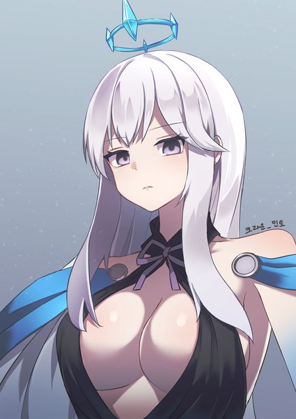 Anime picture 1200x1696 with tower of fantasy meryl (tower of fantasy) minto (minto) single long hair tall image looking at viewer fringe breasts light erotic simple background large breasts cleavage upper body grey hair grey eyes gradient background text expressionless korean