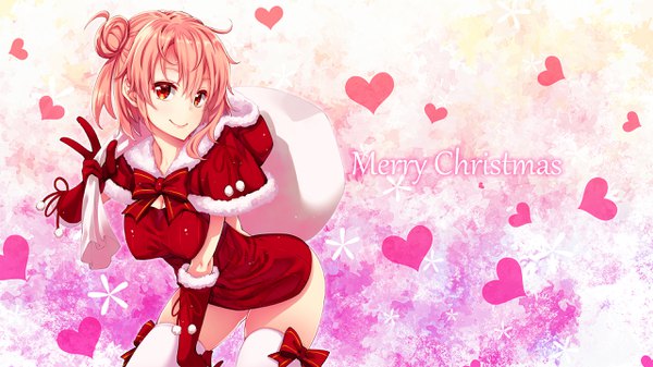 Anime picture 2560x1440 with yahari ore no seishun love comedy wa machigatteiru. brains base (studio) yuigahama yui akino sora single looking at viewer fringe highres short hair light erotic smile hair between eyes red eyes wide image pink hair hair bun (hair buns) wallpaper fur trim victory christmas