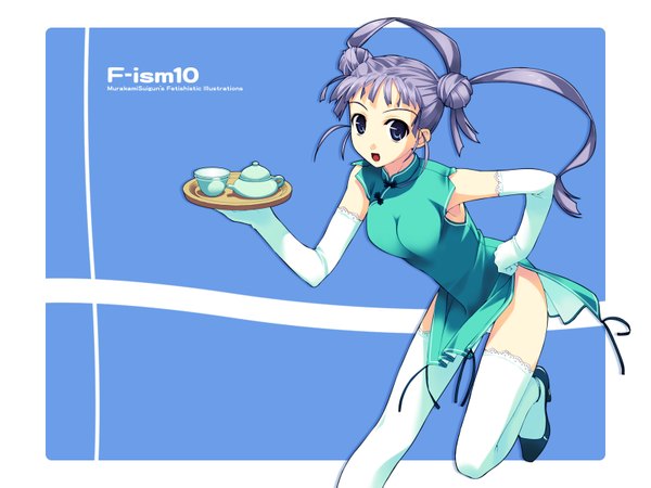 イラスト 1600x1200 と f-ism 村上水軍 ソロ 長髪 カメラ目線 青い目 light erotic ツインテール purple hair hair bun (hair buns) パンチラ 腰に手 chinese clothes blue background スリット 女の子 ストッキング 手袋 下着 パンティー