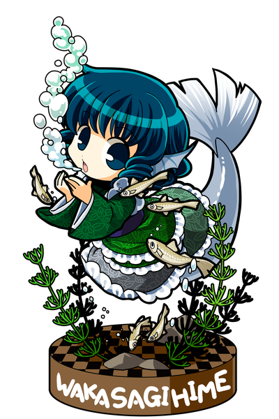 Anime picture 1181x1771 with touhou wakasagihime socha single tall image short hair open mouth blue eyes blue hair tail inscription transparent background fish tail girl dress fish (fishes) mermaid algae