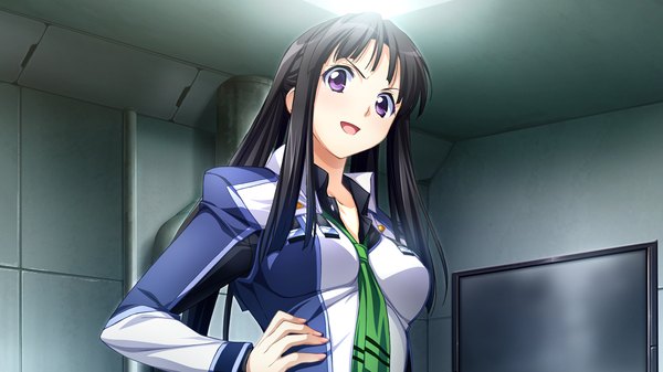 Anime picture 1280x720 with baldr (series) baldr sky zero giga shizuno sakura tsunashima shirou long hair blush open mouth black hair wide image purple eyes game cg girl uniform