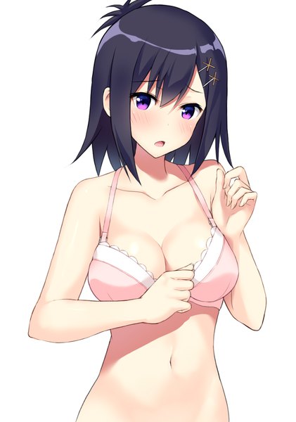 Anime picture 828x1180 with gabriel dropout doga kobo tsukinose vignette april cocona (coconacafe) single tall image blush fringe short hair breasts open mouth light erotic black hair simple background hair between eyes large breasts white background purple eyes upper body looking down