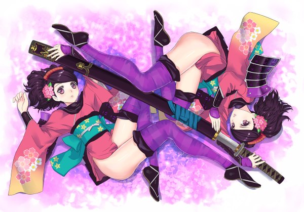 Anime picture 1280x895 with oboro muramasa (game) vanillaware momohime shiitake urimo light erotic black hair multiple girls pink eyes hair flower twins girl thighhighs hair ornament weapon 2 girls sword