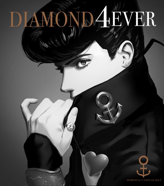 Anime picture 1248x1415 with jojo no kimyou na bouken higashikata jousuke acchom zatta single tall image short hair looking away upper body text monochrome portrait covered mouth pompadour peace symbol boy earrings heart ring stud earrings anchor symbol