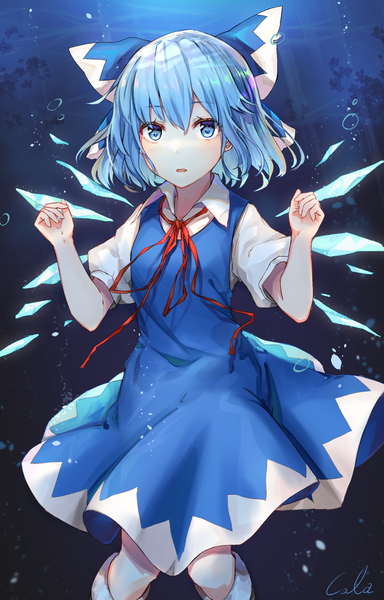 Anime picture 1252x1957 with touhou cirno black cola single tall image looking at viewer fringe short hair blue eyes hair between eyes signed blue hair puffy sleeves underwater girl bow hair bow wings bubble (bubbles)