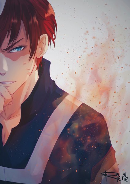 Anime picture 1447x2048 with boku no hero academia studio bones todoroki shouto xrierie single tall image looking at viewer short hair blue eyes signed red hair parted lips multicolored hair inscription grey background two-tone hair scar hand to mouth frown boy