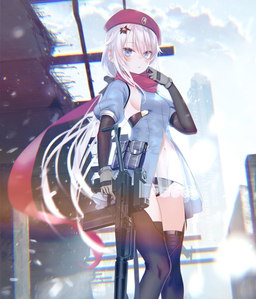 Anime picture 2400x2800 with girls frontline 9a-91 (girls frontline) pottsness single long hair tall image looking at viewer blush fringe highres breasts blue eyes light erotic hair between eyes standing holding payot sky silver hair cloud (clouds)