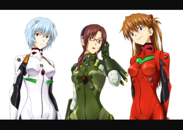 Anime picture 1200x850 with neon genesis evangelion rebuild of evangelion evangelion: 2.0 you can (not) advance gainax soryu asuka langley ayanami rei makinami mari illustrious long hair short hair blue eyes simple background red eyes brown hair white background multiple girls green eyes blue hair orange hair girl glasses