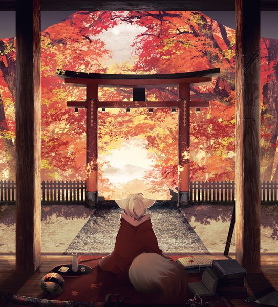 Anime picture 1854x2048 with original kwu zabeo0125 single tall image highres short hair sitting animal ears outdoors tail animal tail from behind fox ears fox tail autumn fox boy boy book (books) bandage (bandages)
