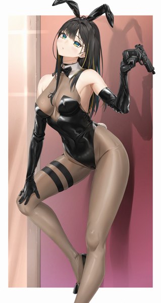 Anime-Bild 1920x3616 mit original pixel (yuxian) single long hair tall image looking at viewer fringe highres breasts light erotic black hair standing bare shoulders holding green eyes animal ears tail animal tail multicolored hair arm up