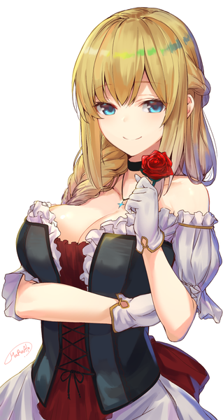 Anime picture 717x1346 with original ato (haru ato) single long hair tall image looking at viewer fringe breasts light erotic simple background blonde hair smile large breasts white background signed braid (braids) side braid girl gloves flower (flowers)