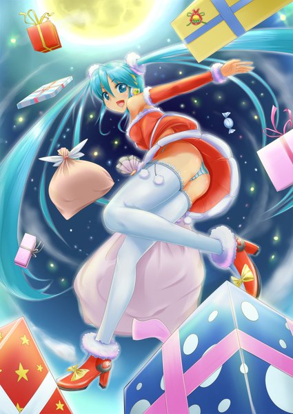 Anime picture 1432x2023 with vocaloid hatsune miku irudana single tall image open mouth light erotic twintails bare shoulders ass very long hair looking back aqua eyes aqua hair christmas merry christmas girl thighhighs underwear panties