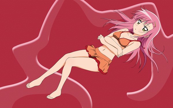 Anime picture 1920x1200 with hayate no gotoku! katsura hinagiku single long hair looking at viewer blush highres simple background wide image green eyes pink hair wallpaper pink background girl navel hair ornament swimsuit bobby pin