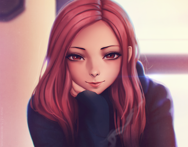 Anime picture 1600x1254 with tokyo ghoul studio pierrot itori (tokyo ghoul) miura-n315 single long hair looking at viewer smile red eyes signed red hair indoors long sleeves light smile lips blurry realistic lipstick lens flare sleeves past wrists