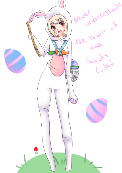 Anime picture 1000x1413 with league of legends teemo (league of legends) bunnieteacakes single tall image blush short hair open mouth blonde hair smile brown eyes genderswap girl bunnysuit vegetables basket carrot egg easter egg