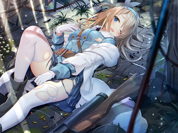 Anime-Bild 1200x900 mit girls frontline suomi kp31 (girls frontline) yano mitsuki single long hair looking at viewer blush fringe breasts open mouth blue eyes light erotic blonde hair hair between eyes lying long sleeves one eye closed off shoulder on back one side up