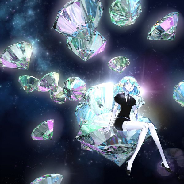 Anime picture 944x944 with houseki no kuni diamond (houseki no kuni) siam (meow13) single short hair sitting looking away full body aqua eyes aqua hair puffy sleeves androgynous amputee thighhighs gloves white thighhighs elbow gloves white gloves gem diamond (shape)