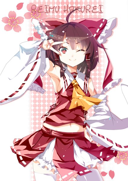 Anime picture 1000x1414 with touhou hakurei reimu karlwolf long hair tall image black hair smile brown eyes ahoge one eye closed wink midriff victory miko girl thighhighs skirt navel bow hair bow