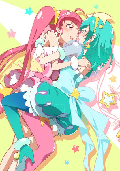 Anime picture 1131x1600 with precure star twinkle precure toei animation hagoromo lala cure milky hoshina hikaru cure star yuto (dialique) long hair tall image blush fringe open mouth smile twintails multiple girls pink hair ahoge blunt bangs :d