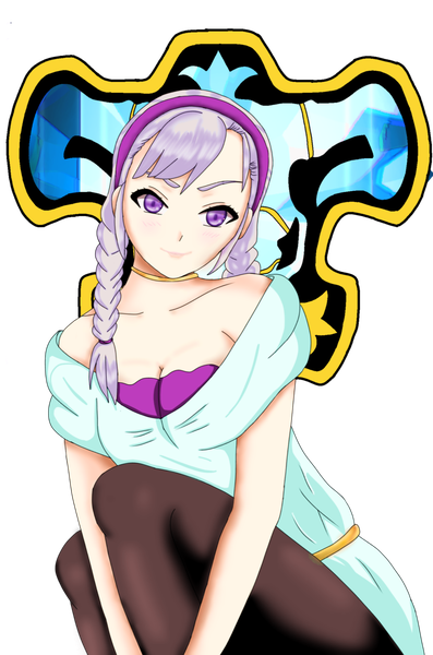 Anime picture 1340x2024 with black clover studio pierrot noelle silva kristi palmer31 single long hair tall image looking at viewer blush fringe breasts smile sitting purple eyes bare shoulders cleavage purple hair bent knee (knees) braid (braids) off shoulder