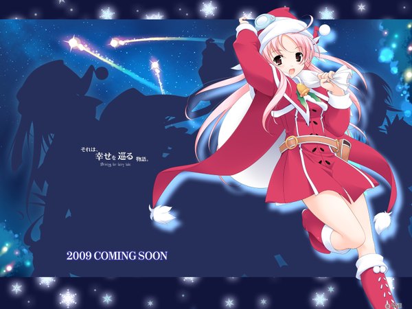 Anime picture 1600x1200 with shirokuma bell stars hoshina nanami fujiwara warawara single long hair looking at viewer blush open mouth brown eyes pink hair inscription wallpaper christmas girl bell santa claus costume fanny pack