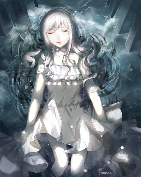 Anime picture 1296x1628 with original yoncco single long hair tall image bare shoulders white hair lying eyes closed from above lips wet on back partially submerged reflection wavy hair pale skin girl dress bow