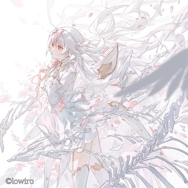 Anime picture 1024x1024 with arcaea hikari (arcaea) mechari single long hair fringe open mouth simple background hair between eyes red eyes standing white background looking away white hair official art floating hair hand on chest skeleton girl dress