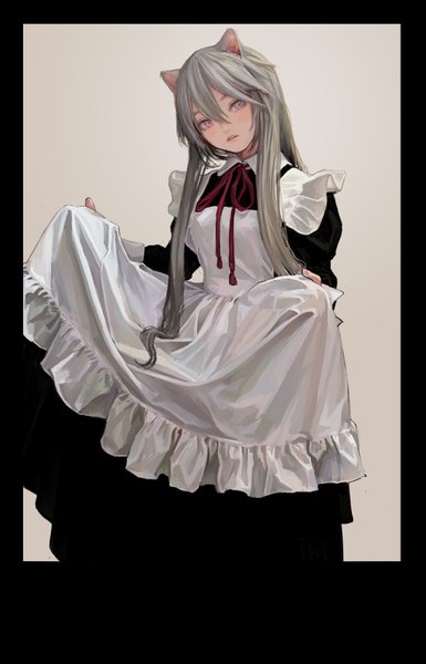 Anime picture 886x1381 with original feiqizi (fkey) fkey single long hair tall image looking at viewer blush fringe simple background hair between eyes standing animal ears parted lips head tilt pink eyes grey hair cat ears grey background maid
