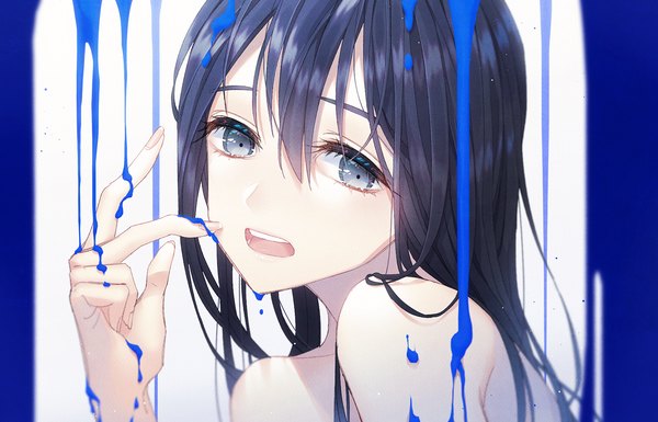 Anime picture 1246x800 with original ribbonari single long hair looking at viewer fringe open mouth blue eyes black hair simple background white background bare shoulders upper body fingernails teeth girl