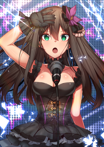 Anime picture 600x844 with idolmaster idolmaster cinderella girls shibuya rin erere single long hair tall image looking at viewer open mouth light erotic brown hair green eyes black gothic dress (idolmaster) girl dress gloves hair ornament black gloves black dress microphone stand