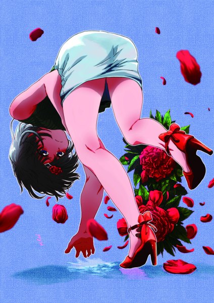 Anime picture 6071x8598 with original rei hnrchausu single tall image looking at viewer blush fringe highres short hair blue eyes light erotic black hair simple background absurdres full body bent knee (knees) from below high heels sleeveless blue background
