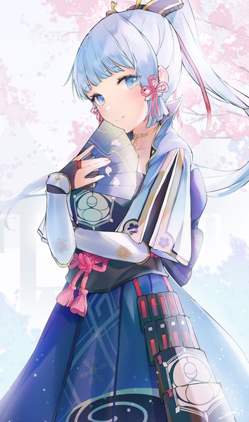 Anime picture 1500x2545 with genshin impact kamisato ayaka snozaki single long hair tall image looking at viewer fringe blue eyes blue hair outdoors ponytail blunt bangs cherry blossoms girl armor fan hair tubes bridal gauntlets