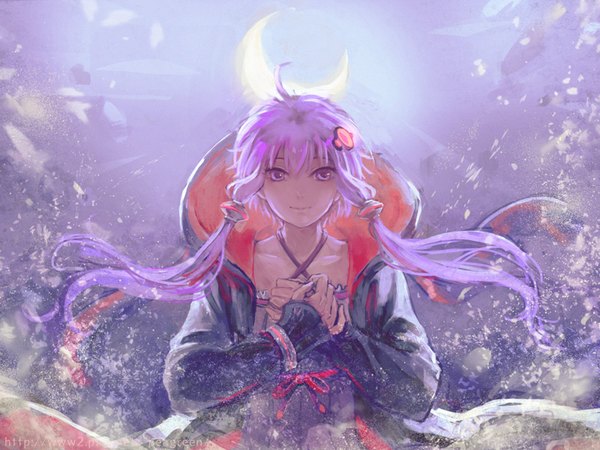 Anime picture 800x600 with vocaloid yuzuki yukari yamakawa umi single long hair looking at viewer fringe twintails purple eyes purple hair ahoge light smile floating hair low twintails crescent dust girl hairclip hood moon