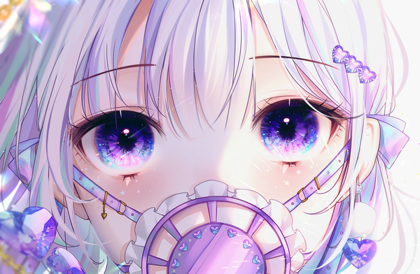 Anime picture 2734x1787 with original 58 (opal 00 58) single looking at viewer blush fringe highres blue eyes white hair blunt bangs close-up multicolored eyes eyes girl hair ornament earrings heart heart hair ornament