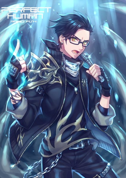 Anime picture 2000x2824 with real life radio fish fujimori shingo zoff (daria) single tall image looking at viewer highres short hair open mouth black hair standing holding yellow eyes open jacket teeth sparkle tattoo copyright name piercing