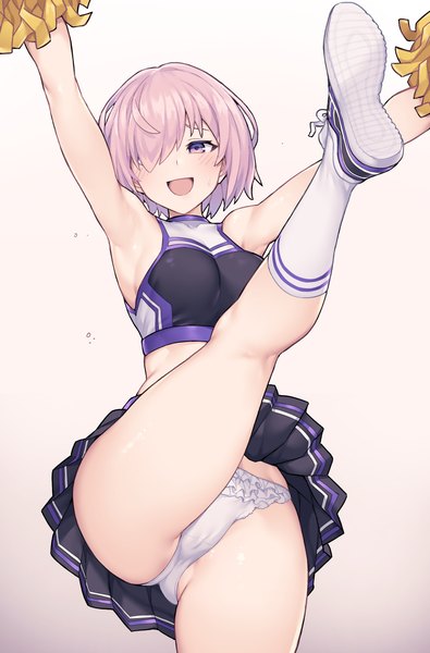 Anime picture 1054x1600 with fate (series) fate/grand order mash kyrielight jp06 single tall image blush fringe short hair open mouth light erotic simple background smile standing purple eyes looking away pink hair :d pleated skirt hair over one eye