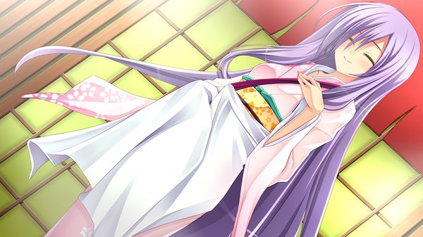 Anime picture 1024x576 with legend seven (game) long hair smile wide image game cg purple hair eyes closed japanese clothes girl kimono apron